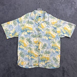 Tommy Bahama Men’s L 100% Silk Hawaiian Shirt Yellow Blue Floral Island Aloha